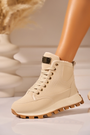 Ghete Dama Imblanite Bej din Piele Ecologica Tabacita Emaira