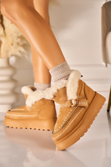 Cizme Dama Imblanite Camel din Piele Ecologica Intoarsa Cherri