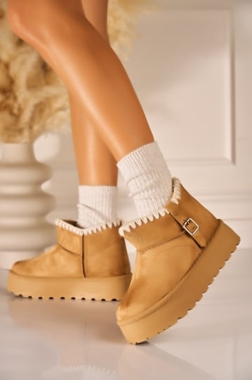 Cizme Dama Imblanite Camel din Piele Ecologica Intoarsa Arilynn