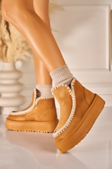 Cizme Dama Imblanite Camel din Piele Ecologica Intoarsa Izzumi