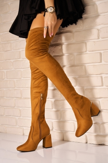 Cizme cu toc Piele Ecologica Intoarsa Camel Elissa