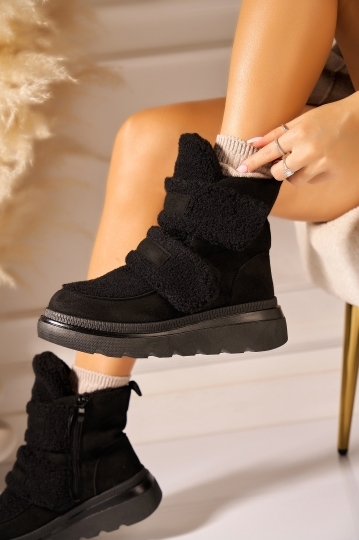 Ghete Dama Imblanite Negre din Piele Ecologica Intoarsa Samaya