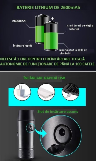 Espressor Portabil 18 BAR cu Baterie Reîncărcabilă 2600 mAh – Compatibil Cafea Măcinată și Capsule Nespresso, Ideal pentru Călătorii și Birou - 1 | YEO