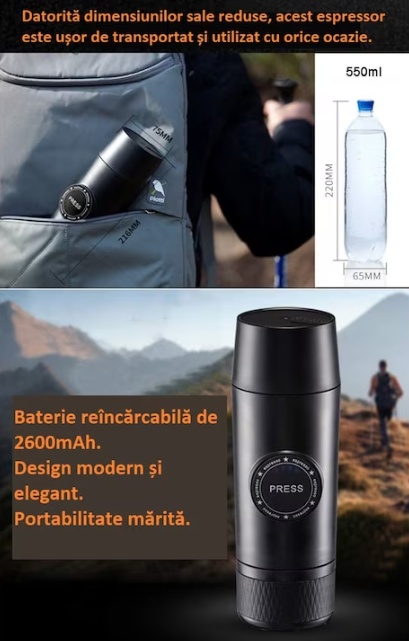 Espressor Portabil 18 BAR cu Baterie Reîncărcabilă 2600 mAh – Compatibil Cafea Măcinată și Capsule Nespresso, Ideal pentru Călătorii și Birou - 2 | YEO