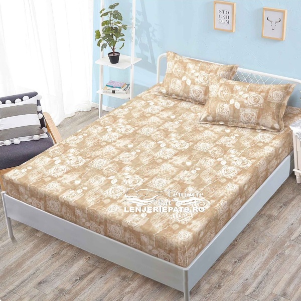 Husă Pat Elastic 160x200, 3 Piese – Model Floral Bej-Crem