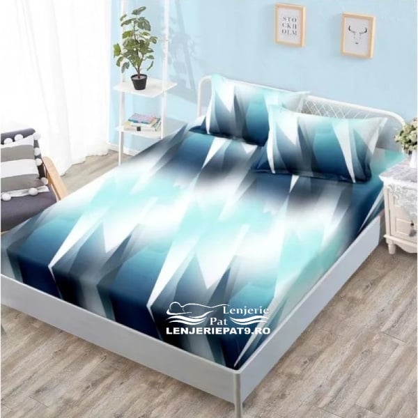 Husă Pat Elastic 160x200, 3 Piese – Model Abstract Albastru-Turcoaz