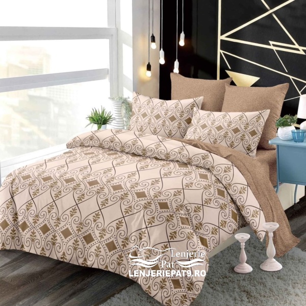 Lenjerie Pat 2 Persoane, Finet Crem cu Model Geometric Maro, 6 Piese, cu Elastic