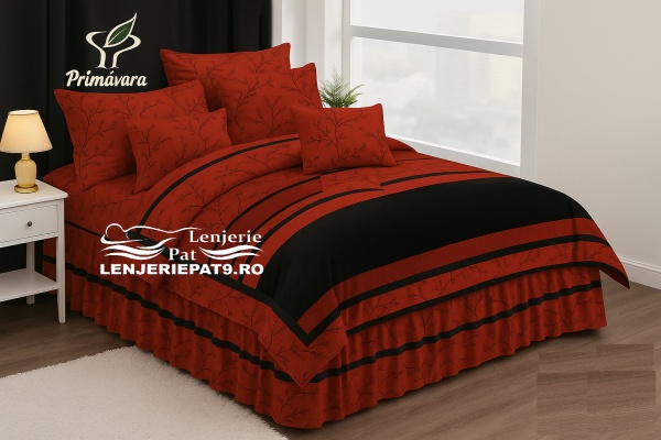 Lenjerie Pat 6 Piese cu Volănașe – Model Roșu-Negru Floral, 200x230 cm