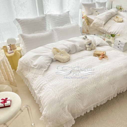 Lenjerie de Pat Creponată Albă – 6 Piese Bumbac 100% Jojo Home 230x250 cm, Fără Călcare