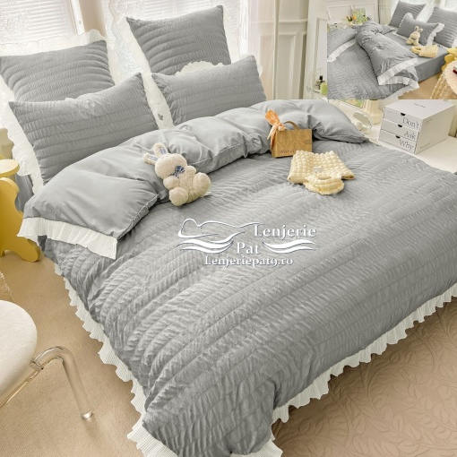 Lenjerie de Pat Creponată Gri Deschis – 6 Piese Bumbac 100% Jojo Home 230x250 cm, Fără Călcare