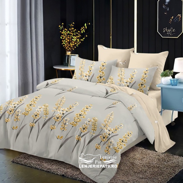 Lenjerie Pat 2 Persoane, Finet Bej Floral Galben, 6 Piese, cu Elastic
