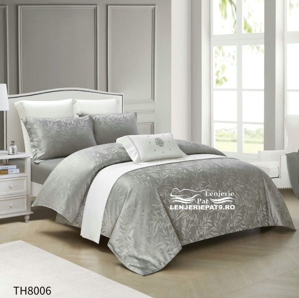 Lenjerie Pat Dublu Satin Jacquard Finetat, 4 Piese – Model Gri cu Frunze