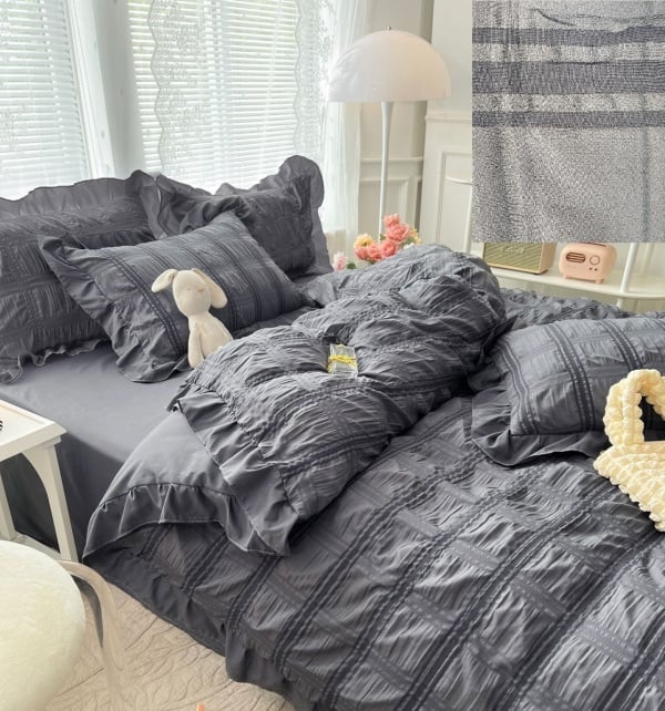 Lenjerie de Pat Creponată Gri – 6 Piese Bumbac 100% Jojo Home 230x250 cm, Fără Călcare