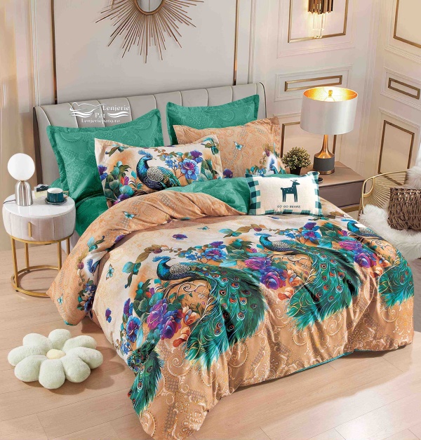 Lenjerie de Pat cu Păuni – 6 Piese Bumbac Finet Premium, Cearșaf 230x250 cm, Husă cu Fermoar, Fețe Pernă 70x70 și 55x80 cm