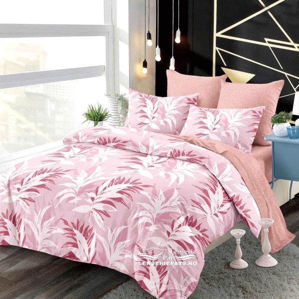Lenjerie Pat 2 Persoane, Finet Roz cu Frunze Tropicale, 6 Piese, cu Elastic