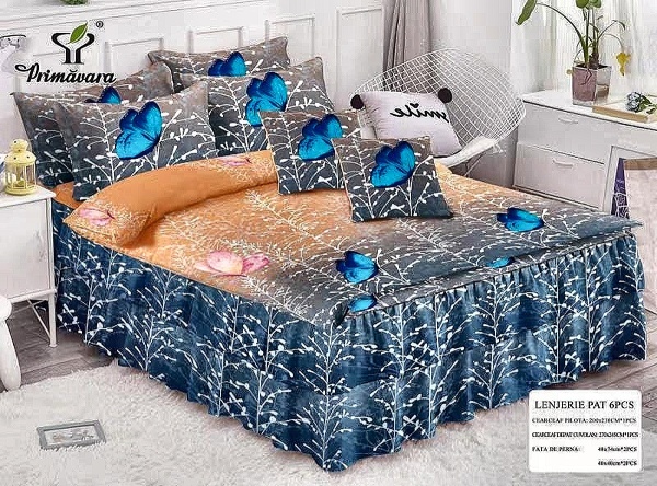 Lenjerie Pat 6 Piese cu Volănașe – Model Fluturi Albastri pe Gri-Portocaliu, 200x230 cm