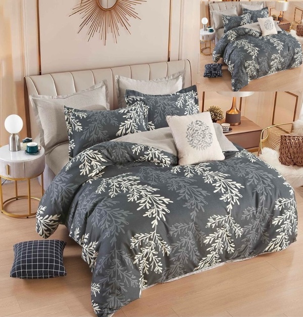 Lenjerie de Pat Gri-Crem cu Frunze – Bumbac Finet Premium, 6 Piese, Cearșaf 230x250 cm, Husă cu Fermoar, Fețe Pernă 70x70 și 55x80 cm