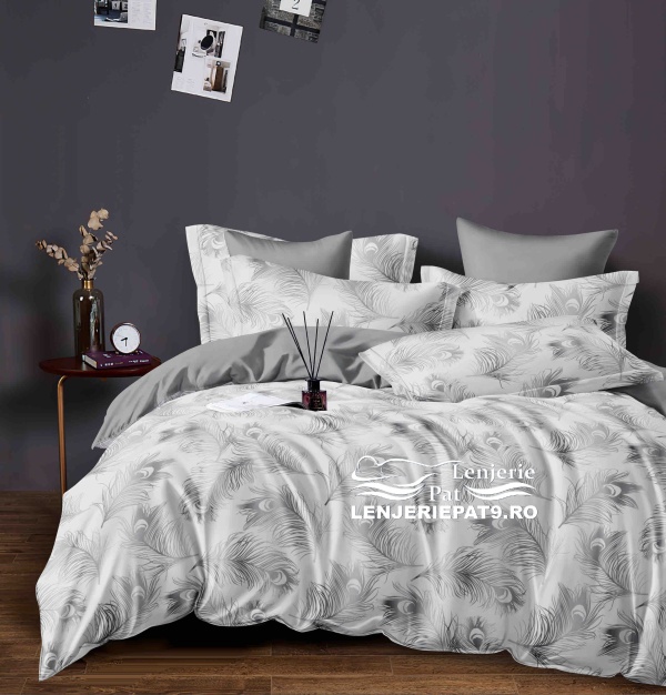 Lenjerie Pat Finet Gri cu Pene – Jojo Home – 6 Piese, Cearceaf Elastic 235x250 cm