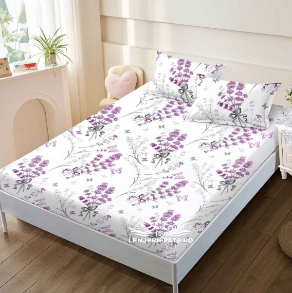 Husă Pat Elastic 160x200, 3 Piese – Model Floral Alb-Mov cu Fundițe