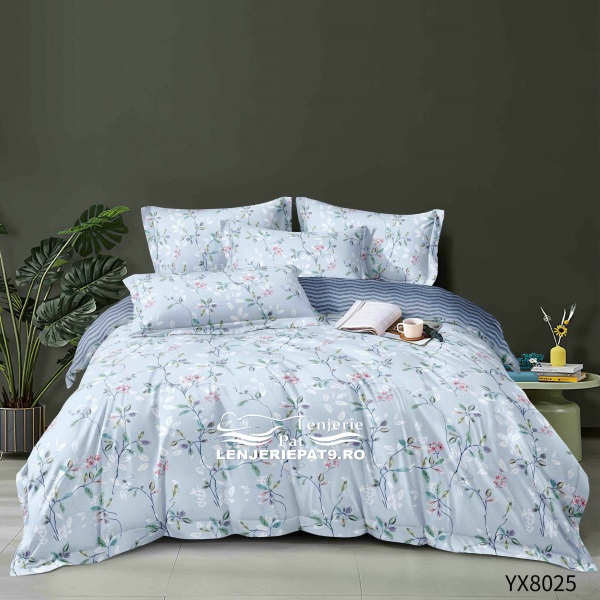 Lenjerie Pat 1 Persoană, Finet Bleu Floral, 4 Piese, cu Cearșaf Elastic