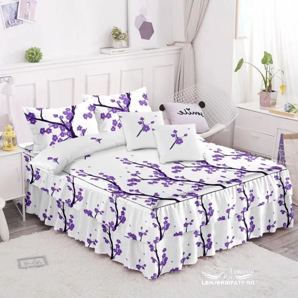 Lenjerie Pat 6 Piese, cu Volănașe – Model Floral Alb-Mov, 200x230 cm - Img 1