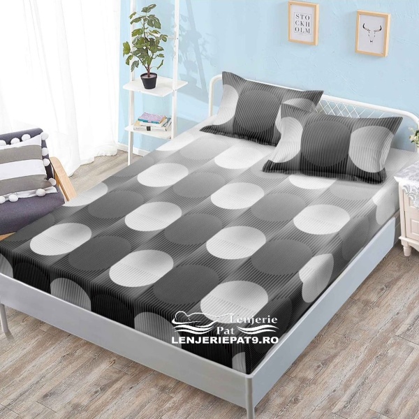 Husă Pat Elastic 160x200, 3 Piese – Model Geometric Gri cu Cercuri