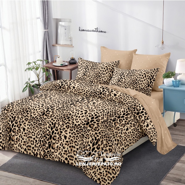Lenjerie Pat 2 Persoane, Finet Animal Print Leopard, 6 Piese, cu Elastic