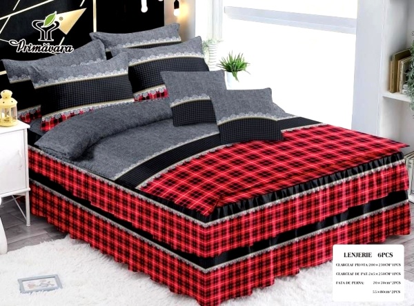Lenjerie Pat 6 Piese cu Volănașe – Model Carouri Roșu-Gri, 200x230 cm, Finet