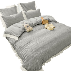 Lenjerie de Pat Creponată Gri Deschis – 6 Piese Bumbac 100% Jojo Home 230x250 cm, Fără Călcare - Img 2
