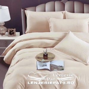 Lenjerie Pat 6 Piese Damasc Crem, cu Cearșaf Elastic 232x250 cm – Saltea 180x200 cm - Img 1