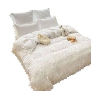 Lenjerie de Pat Creponată Albă – 6 Piese Bumbac 100% Jojo Home 230x250 cm, Fără Călcare - Img 3