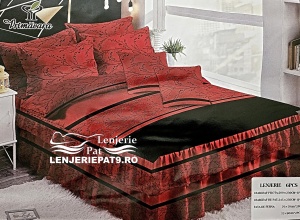 Lenjerie Pat 6 Piese cu Volănașe – Model Roșu-Negru Floral, 200x230 cm - Img 3