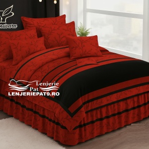 Lenjerie Pat 6 Piese cu Volănașe – Model Roșu-Negru Floral, 200x230 cm - Img 2