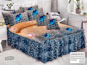Lenjerie Pat 6 Piese cu Volănașe – Model Fluturi Albastri pe Gri-Portocaliu, 200x230 cm - Img 1