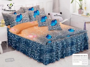 Lenjerie Pat 6 Piese cu Volănașe – Model Fluturi Albastri pe Gri-Portocaliu, 200x230 cm - Img 2