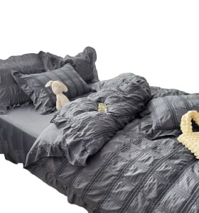 Lenjerie de Pat Creponată Gri – 6 Piese Bumbac 100% Jojo Home 230x250 cm, Fără Călcare - Img 3