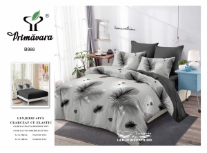 Lenjerie Pat 2 Persoane, Finet Gri cu Pene și Inimioare, 6 Piese, cu Elastic - Img 2