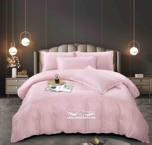 Lenjerie Pat 6 Piese Damasc Roz Pal, cu Cearșaf Elastic 232x250 cm – Saltea 180x200 cm - Img 2