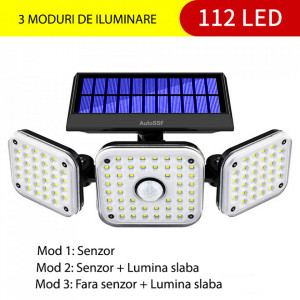 Lampa solara de perete MustWin, 1000 lm, LED, 112 leduri, 3 moduri, incarcare solara si senzor de miscare, - Img 4