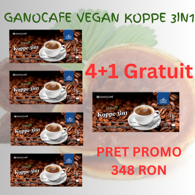 GanoCafe Vegan Koppe 3in1 cu Ganoderma lucidum, cremă vegetală și cafea Arabica & Robusta. Savurează oferta specială 4+1 GRATUIT