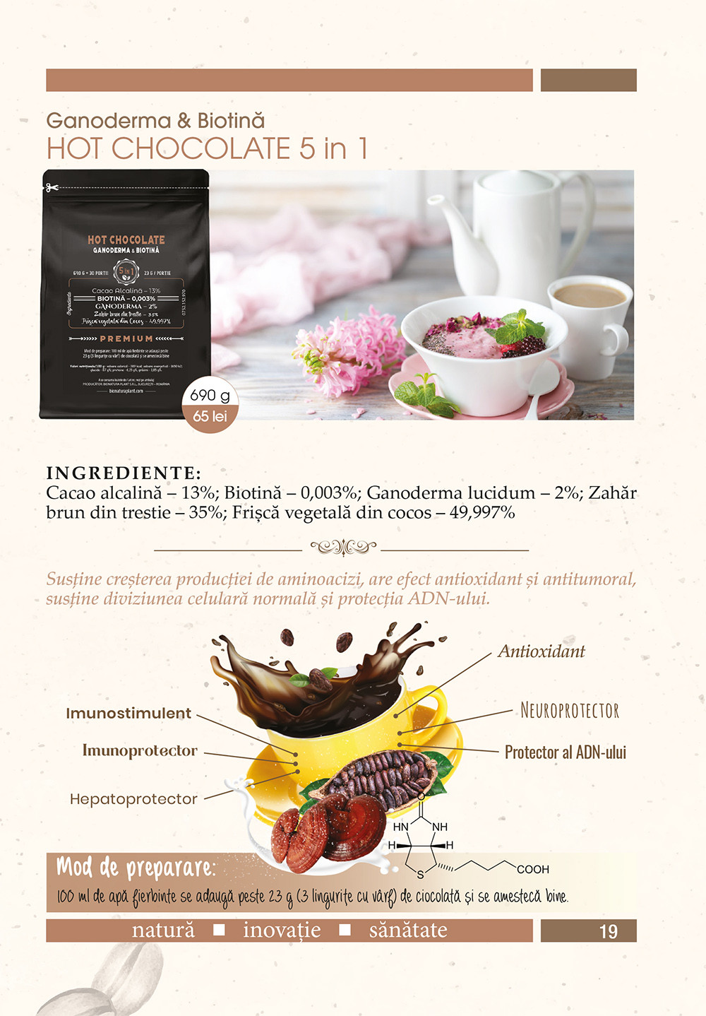 Hot Chocolate 5in1 cu Ganoderma+Biotina - 690g - veg (30 de portii)