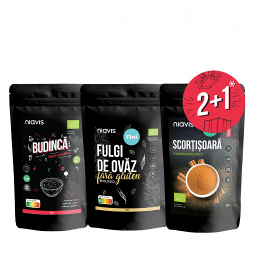 NIAVIS PACHET BUDINCA INSTANT CU SEMINTE DE IN SI MACESE ECOLOGICA/BIO 150G + FULGI DE OVAZ ECOLOGICI FINI FARA GLUTEN 250G + CADOU SCORTISOARA CEYLON PULBERE ECOLOGICA/BIO 30G