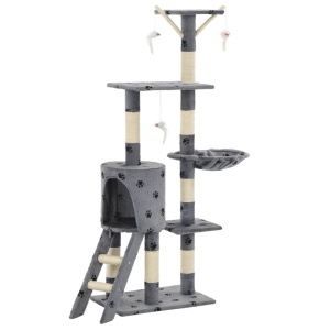 Ansamblu pisici stâlpi funie sisal, 138 cm imprimeu lăbuțe, gri - Img 2