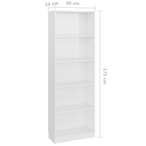 Bibliotecă cu 5 rafturi, alb extralucios, 60 x 24 x 175 cm, PAL - Img 5