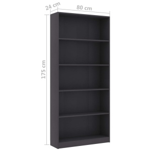 Bibliotecă cu 5 rafturi, gri, 80 x 24 x 175 cm, PAL - Img 5