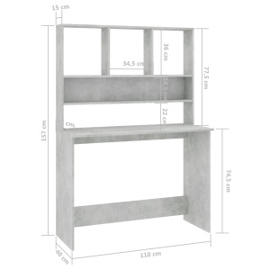 Birou cu rafturi, gri beton, 110x45x157 cm, PAL - Img 5