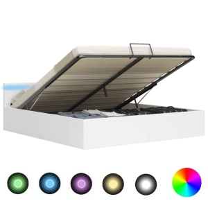 Cadru pat hidraulic cu ladă LED alb 180x200 cm piele ecologică