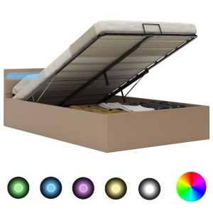 Cadru pat hidraulic ladă LED cappuccino 140 x 200 cm piele eco