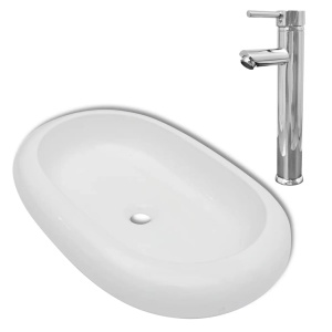 Chiuvetă de baie cu robinet mixer, ceramic, oval, alb - Img 2
