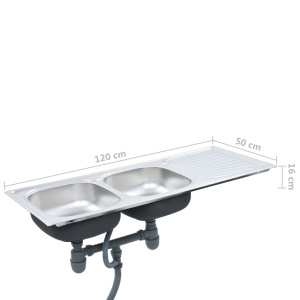 Chiuvetă de bucătărie dublă cu sită și sifon, oțel inoxidabil - Img 9